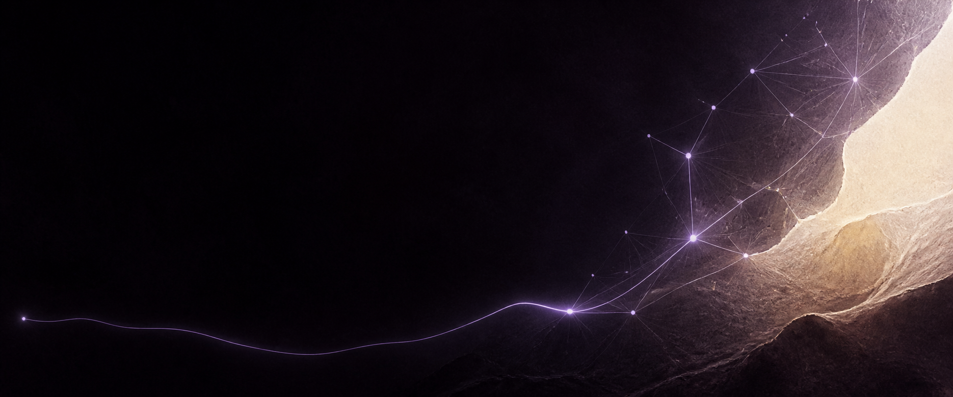 An abstract thread of light connecting a thought to a constellation of knowledge